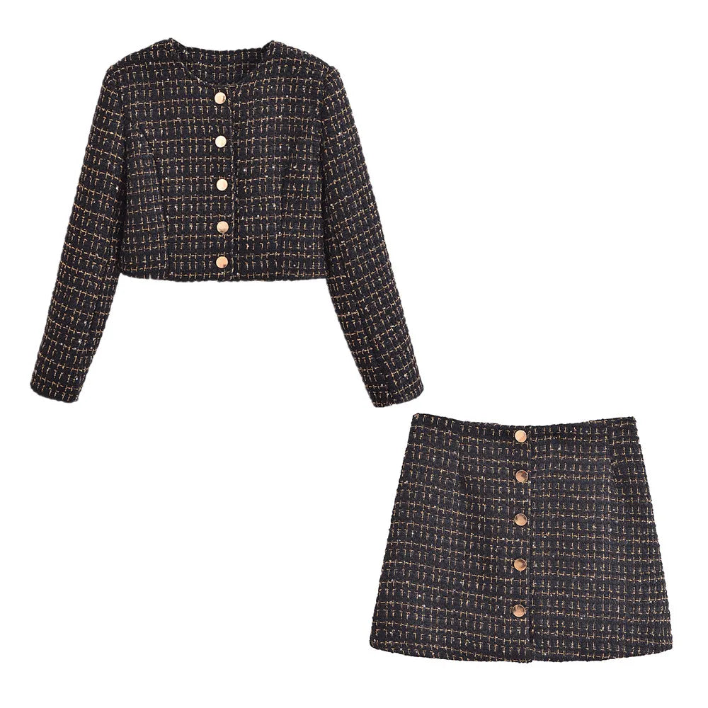 Conjunto de 2 piezas de blazer de tweed con línea dorada y tejido negro para mujer, estilo retro francés, cintura alta, botones centrales, cremallera trasera y minifalda.