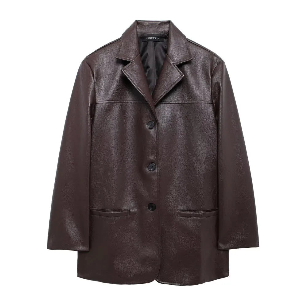 Blazer retro americano para mujer, de cuero sintético marrón y rojo, con cuello entallado, manga larga, estilo midi, holgado, de gran tamaño