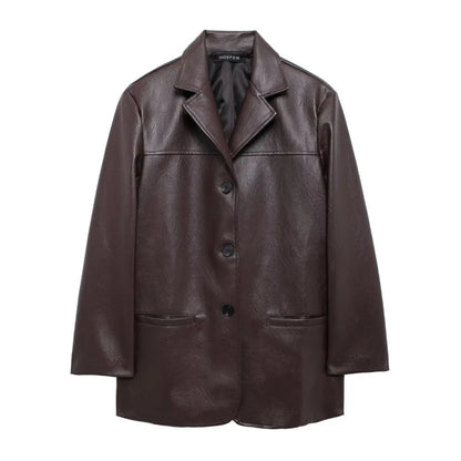 Blazer retro americano para mujer, de cuero sintético marrón y rojo, con cuello entallado, manga larga, estilo midi, holgado, de gran tamaño