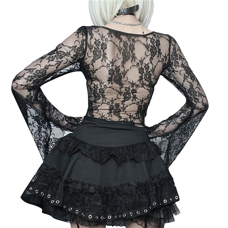 Camisetas Cyber Y2K para mujer, estética, transparente, con encaje floral, acampanadas, de manga larga, estilo gótico grunge de los años 2000, ropa urbana