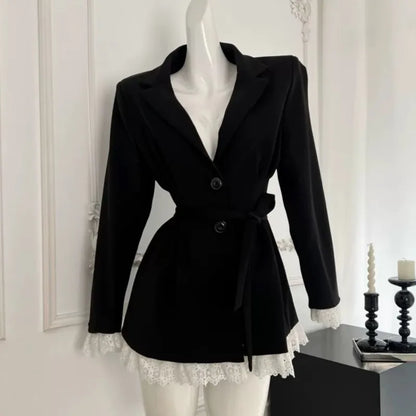 Elegant Black Suit Dress Women Lace Patchwork Blazer Dress Turn-down Collar Slim Korean Fashion Y2K Autumn New Mini Vestidos