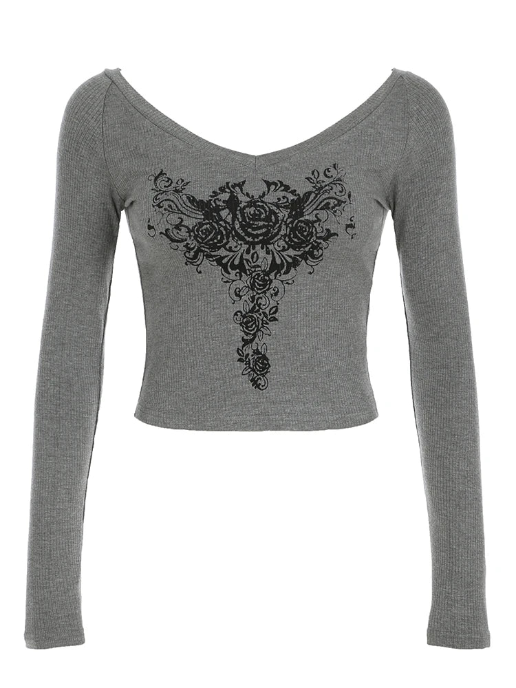 Camiseta gris ajustada Y2k con cuello en V para mujer, estampado básico gótico, oscuro, sexy, manga larga, top corto, otoño, nuevo