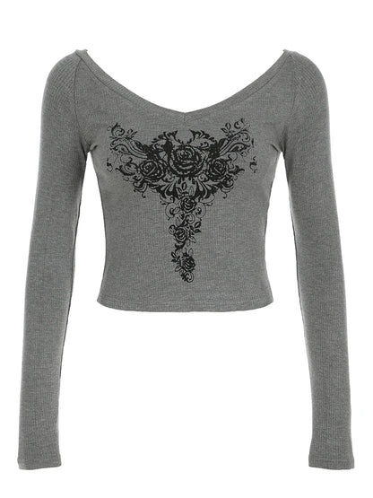 Camiseta gris ajustada Y2k con cuello en V para mujer, estampado básico gótico, oscuro, sexy, manga larga, top corto, otoño, nuevo