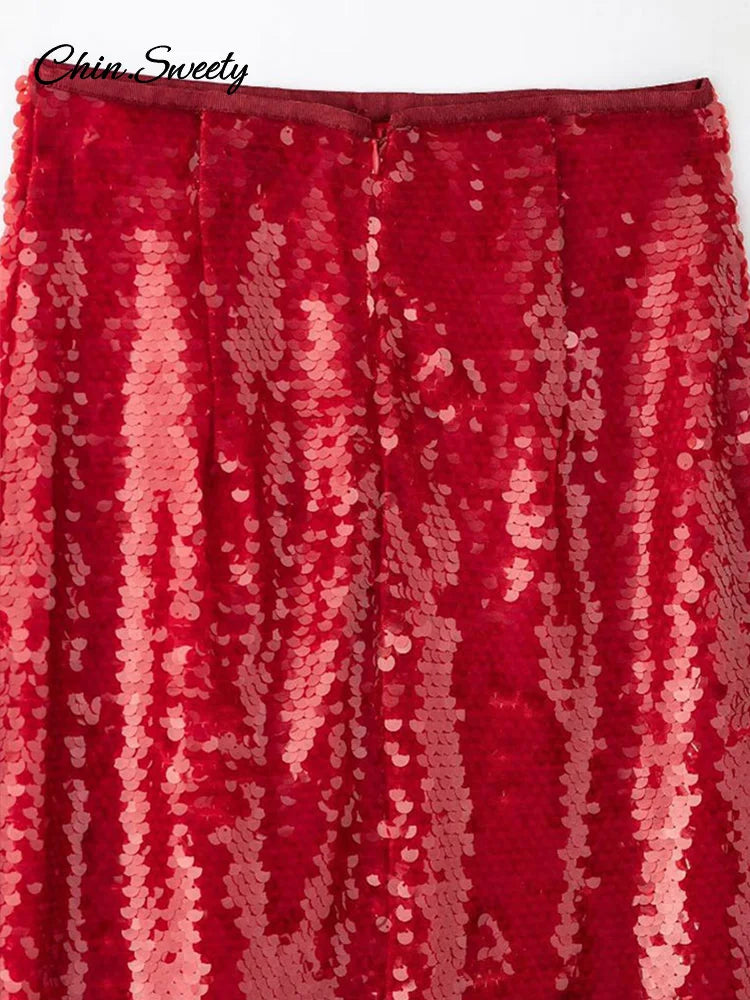 Sequins Red Christmas Sequin Skirts For Women Shiny Split Loose High Waist Straight Skirt 2025 Spring Party Y2K Streetwear New