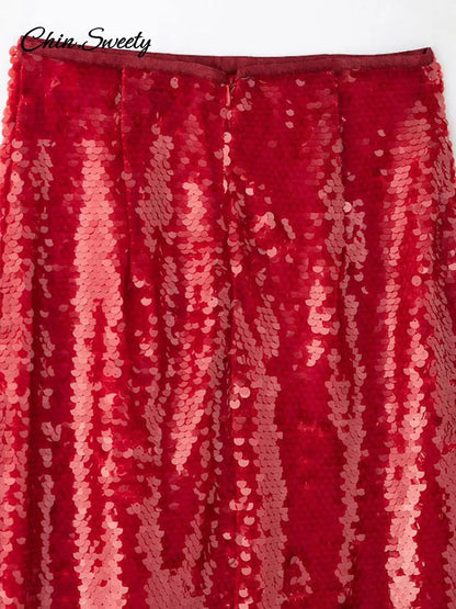 Sequins Red Christmas Sequin Skirts For Women Shiny Split Loose High Waist Straight Skirt 2025 Spring Party Y2K Streetwear New