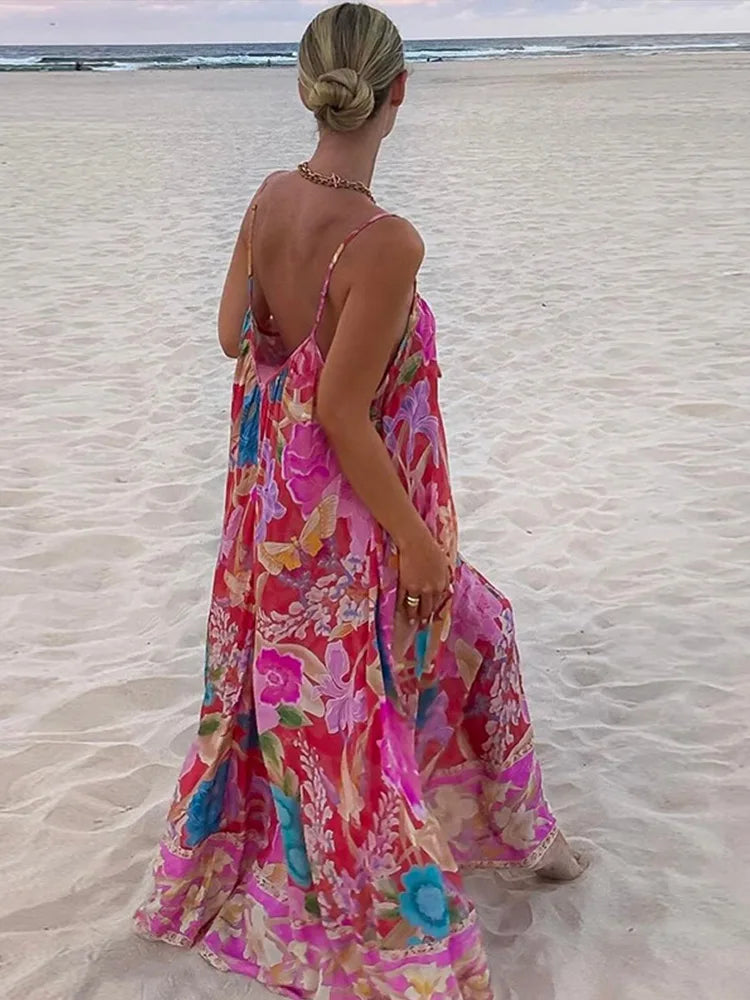 Loose Printed V-neck Sling Dresses Women Retro Printing Sleeveless Backless Long Dress Female Spring Chic Street Beach Holiday