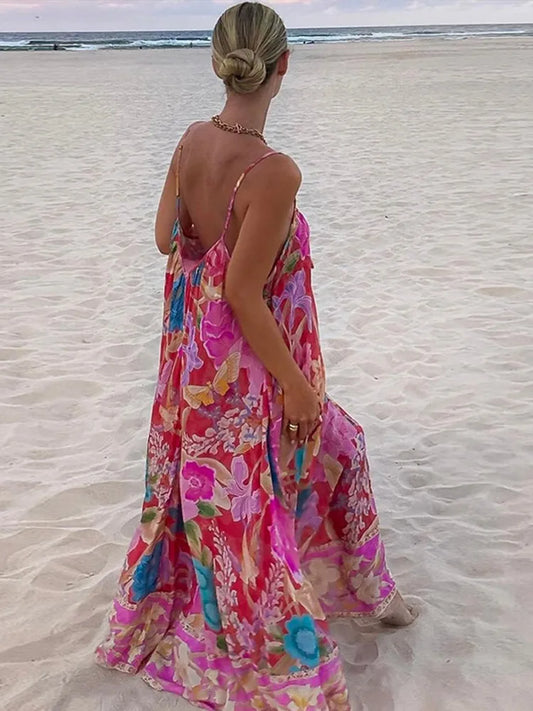 Loose Printed V-neck Sling Dresses Women Retro Printing Sleeveless Backless Long Dress Female Spring Chic Street Beach Holiday