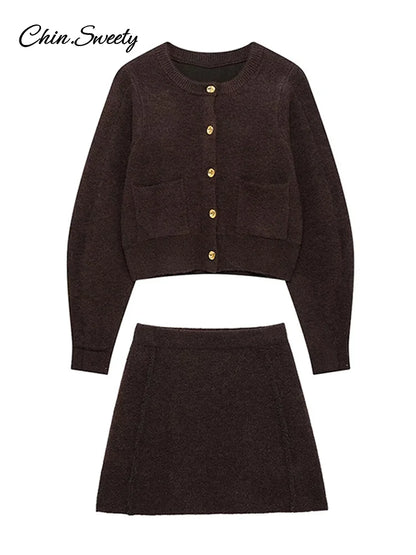Elegant Brown Skirt Suits Knitted O-Neck Long Sleeve Metal Button Cardigan High Waist A-line Mini Skirts 2025 Spring Lady Outfit