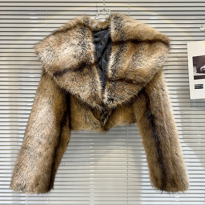 Abrigo corto de piel sintética a rayas retro vintage para mujer, chaqueta de piel de zorro con cuello grande recortada a la moda Y3k para invierno para niña