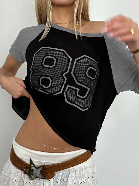 American Retro Casual Football Tee Jersey Figure Print Contract Patchwork Short Sleeve Loose Casual Summer Preppy T Shirt Women