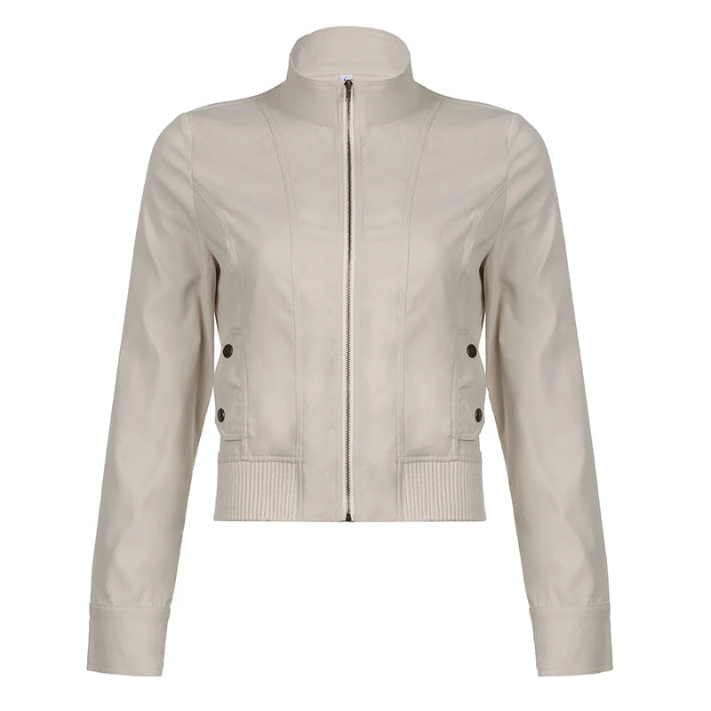 Abrigo con cremallera retro americano de invierno Y2K, chaqueta minimalista lisa de corte entallado con bolsillo, atuendo informal grunge para mujer