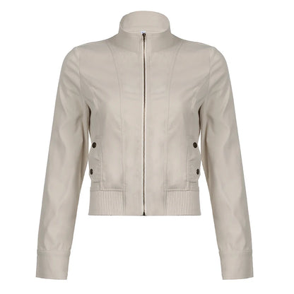 Abrigo con cremallera retro americano de invierno Y2K, chaqueta minimalista lisa de corte entallado con bolsillo, atuendo informal grunge para mujer