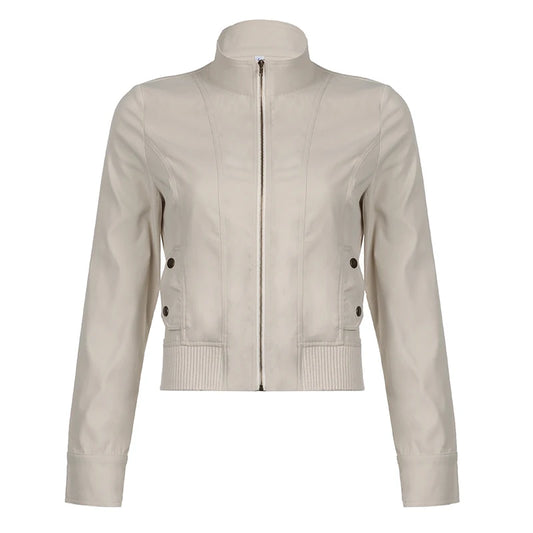 Abrigo con cremallera retro americano de invierno Y2K, chaqueta minimalista lisa de corte entallado con bolsillo, atuendo informal grunge para mujer