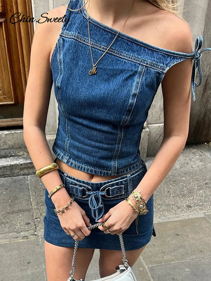Y2K Off Shoulder Denim Tops Skirt Sets Women Slim Skew Collar Sleeveless Crop Vest Bodycon Skirts 2025 Lady Street 2 Pieces Suit