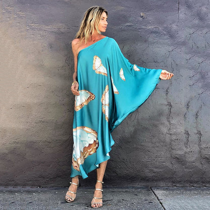 Vestido largo irregular con estampado de mariposas de colores y un solo hombro para mujer, sexy, holgado, con hombros descubiertos, para playa y vacaciones, ropa de calle