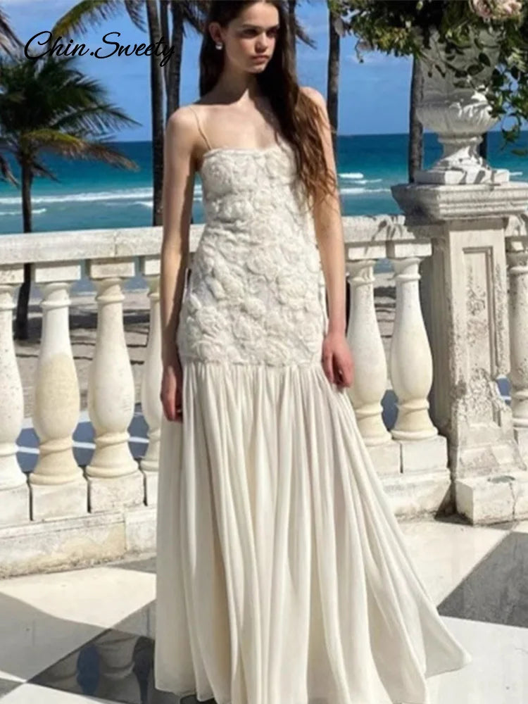 Elegante vestido largo blanco con estampado floral 3D para mujer, con retazos, espalda descubierta, plisado, para fiesta de noche, verano 2025, corte A