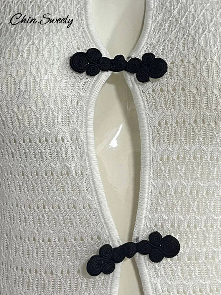 Sexy Hollow Out Knitted Maxi Dress Women Long Sleeve O-neck White Black Holiday Dresses Female 2025 Summer Lady Slim Fit Robes