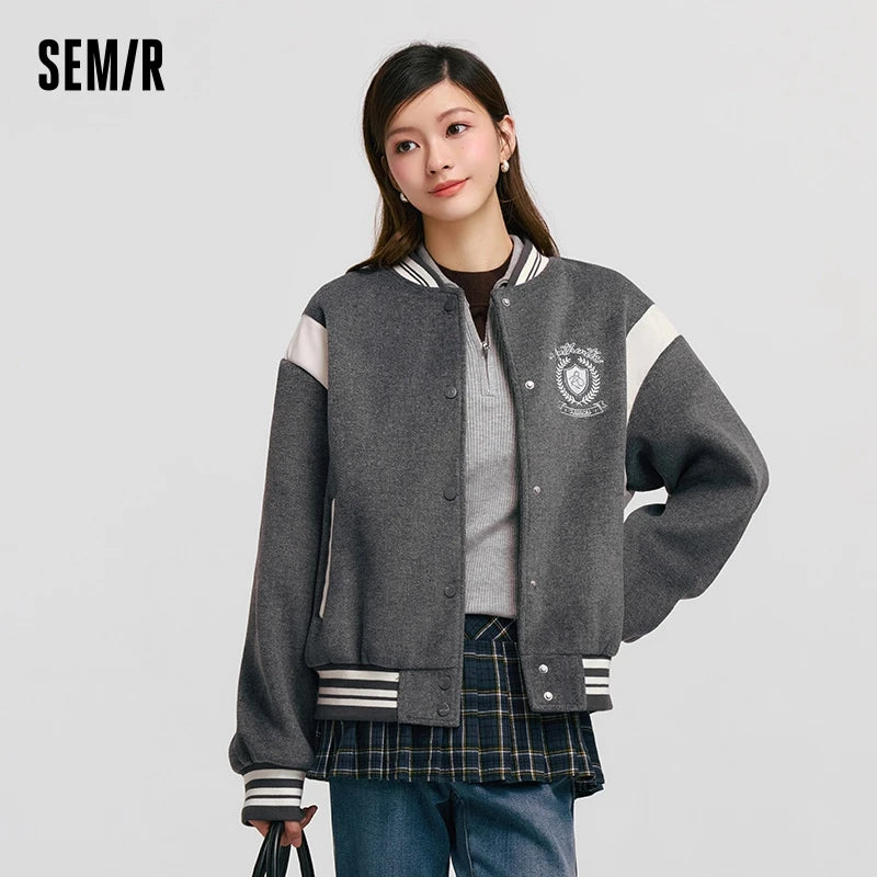 Abrigo para mujer, chaqueta holgada con bordado de patchwork y contraste de colores, nueva chaqueta de béisbol de lana sintética para invierno.