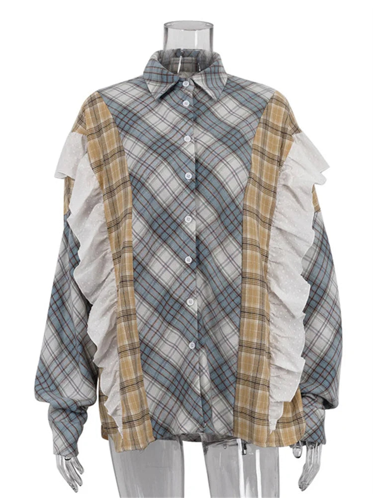 Camisas de patchwork con volantes de moda para mujer, cárdigan de solapa de manga larga, ropa de contraste a rayas para mujer, camisas de verano, abrigo