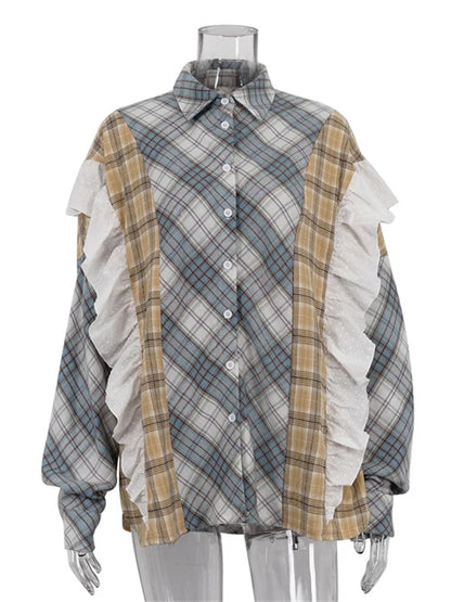 Camisas de patchwork con volantes de moda para mujer, cárdigan de solapa de manga larga, ropa de contraste a rayas para mujer, camisas de verano, abrigo