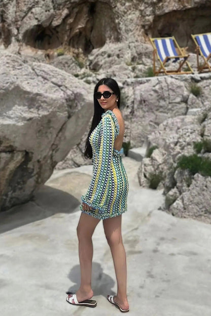 Backless Hollow Out Long Sleeve Mini Dress - Cutout Design