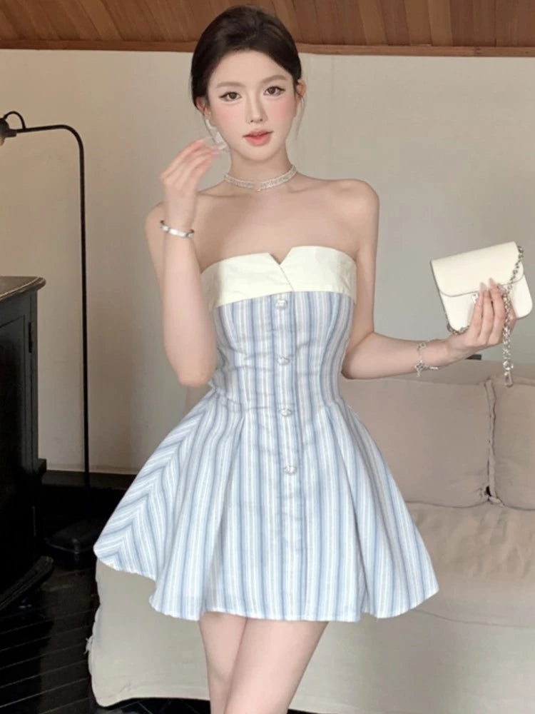 Elegante minivestido sin tirantes Y2K para mujer, con lazo y patchwork, corte en A, para fiesta de cumpleaños, moda coreana, para graduación, vestidos cortos para mujer
