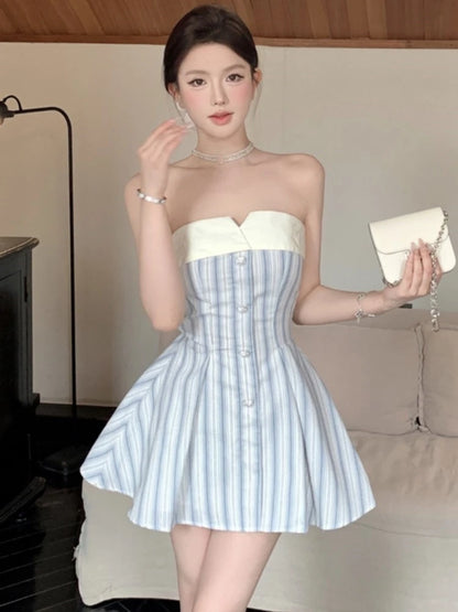 Elegante minivestido sin tirantes Y2K para mujer, con lazo y patchwork, corte en A, para fiesta de cumpleaños, moda coreana, para graduación, vestidos cortos para mujer