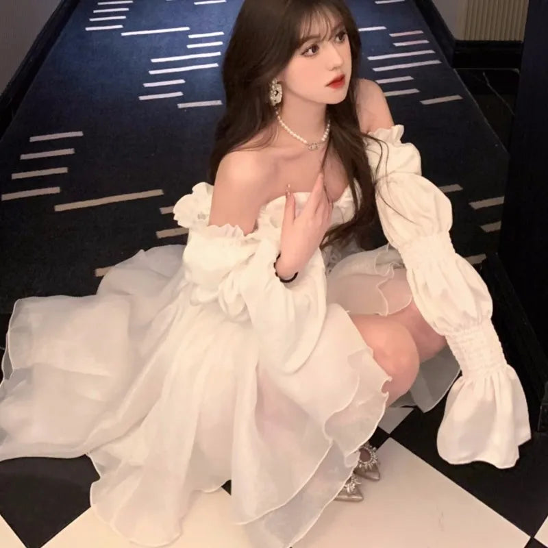Elegantes vestidos de fiesta de noche para mujer, con mangas abullonadas, hombros descubiertos, con cordones, para boda, graduación, vestido de baile, corte A, Y2K, vestidos midi nuevos