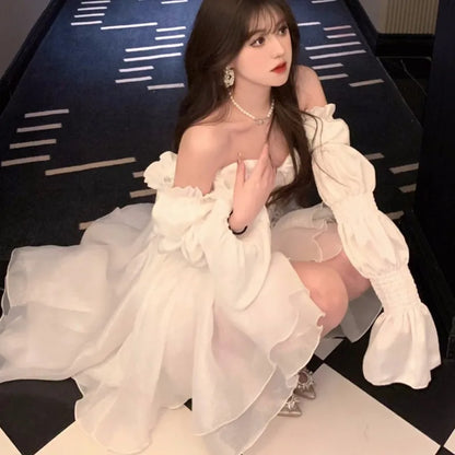 Elegantes vestidos de fiesta de noche para mujer, con mangas abullonadas, hombros descubiertos, con cordones, para boda, graduación, vestido de baile, corte A, Y2K, vestidos midi nuevos