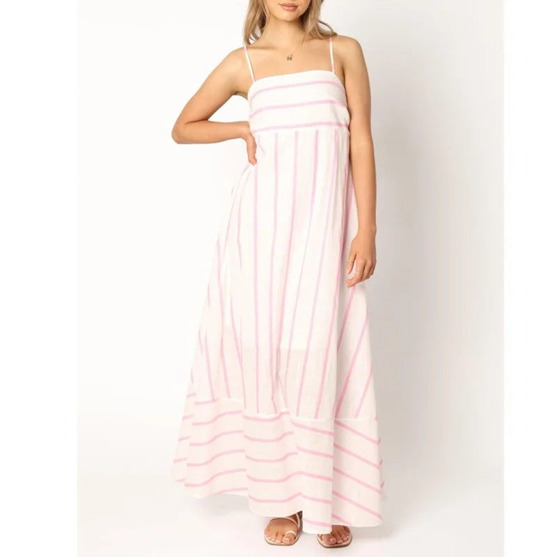 Vacation Dresses  Summer Women Striped Spaghetti Strap Sleeveless High Waist A Line Long Dresses Party Clubwear