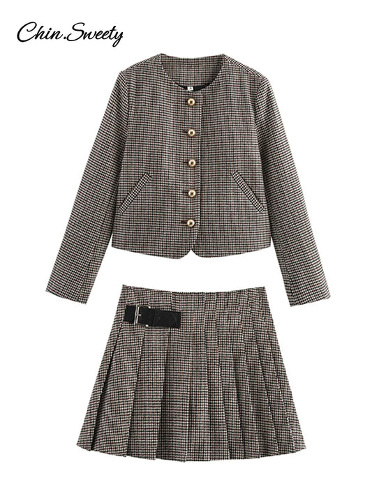 Fashion Blazers Women 2 Pieces Mini Skirt Sets Plaid Long Sleeve O-neck Top Pleat A-line Skirts 2025 Two Piece Set Female Outfit