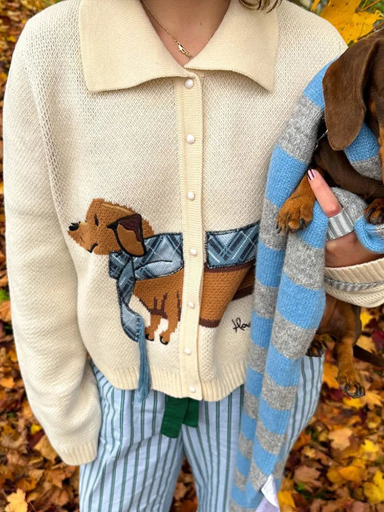 Casual Knitted Printed Dog Cardigan Women Vintage Cute Lapel Single Breasted Short Sweaters Female Autumn Chic Street Knitwear