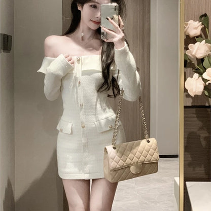Elegante vestido corto de tweed con cuello oblicuo para mujer, manga larga, cintura estrecha, vestido de fiesta de cumpleaños, moda coreana, Vestidos para mujer