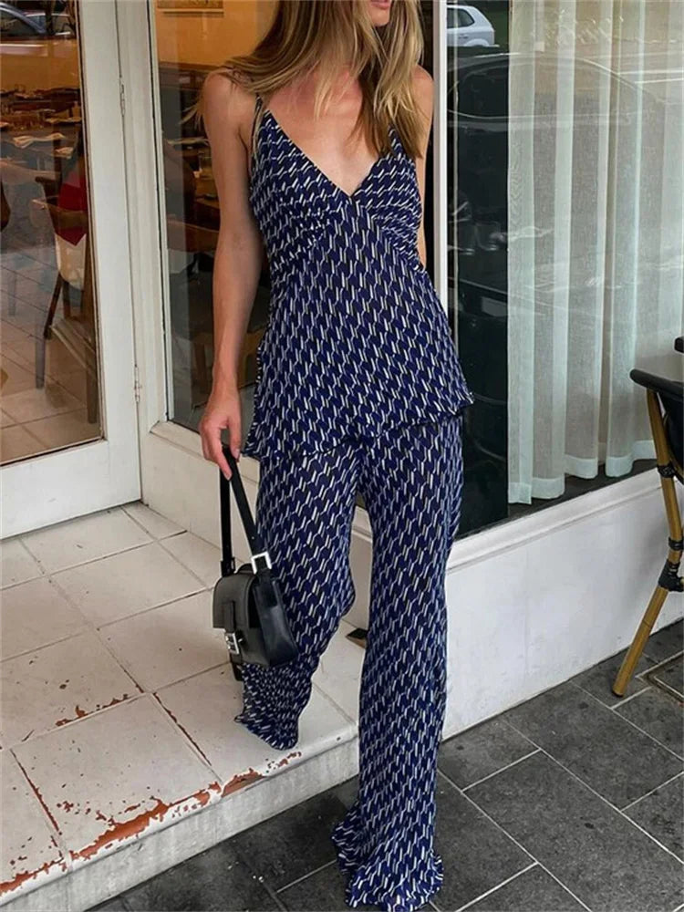Conjunto de dos piezas con pantalones estampados de moda para mujer, jersey ajustado con cuello en V en contraste y pantalones de pierna ancha, ropa informal.