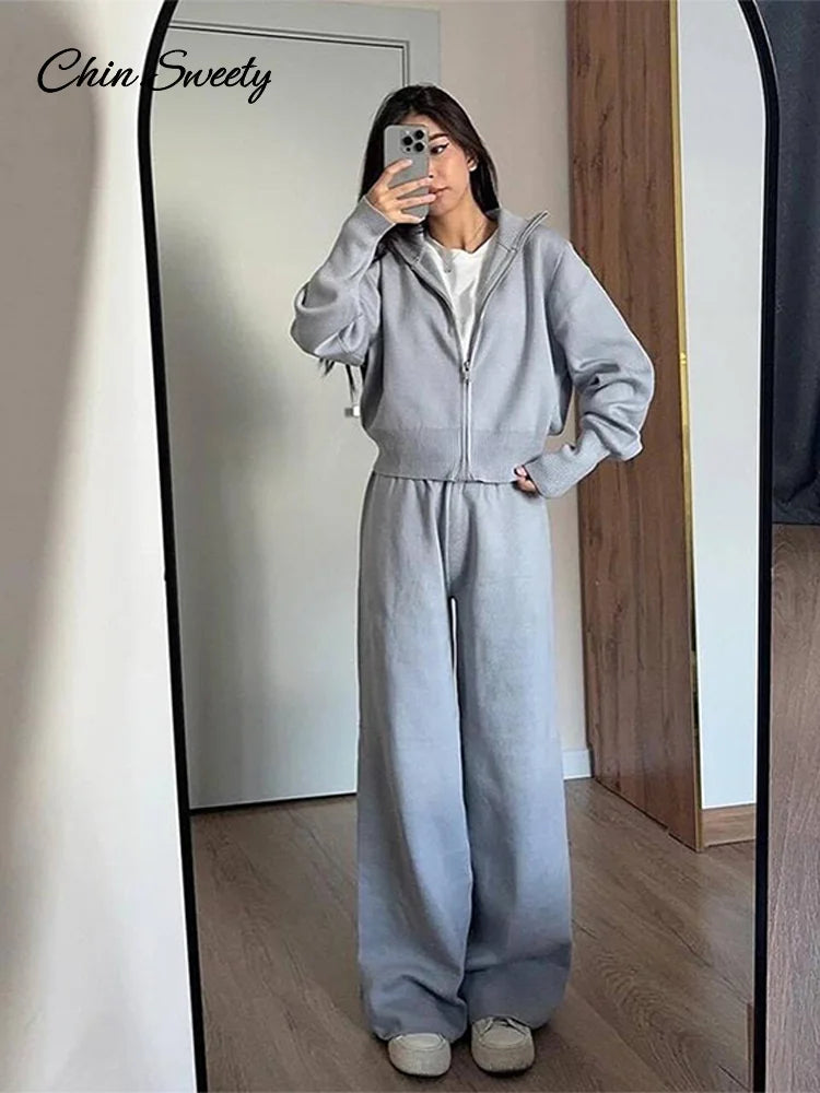 Conjuntos de pantalones de punto para mujer, cárdigan con cuello alto y cremallera, pantalones holgados de cintura alta, trajes de otoño e invierno, nuevos conjuntos a juego