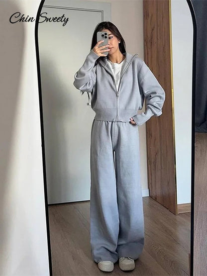 Conjuntos de pantalones de punto para mujer, cárdigan con cuello alto y cremallera, pantalones holgados de cintura alta, trajes de otoño e invierno, nuevos conjuntos a juego
