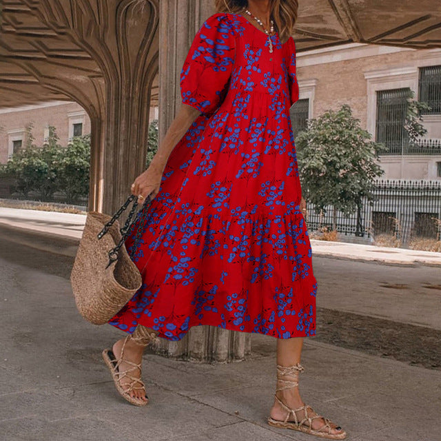 Vestido estampado de verano 2025 para mujer, manga corta abullonada, volantes, holgado, corte A, midi, informal, para playa y vacaciones
