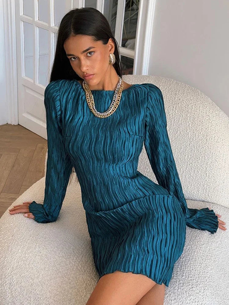 Elegante vestido de manga larga fruncido con textura para mujer, minivestido liso a la moda para fiesta en club, otoño, nuevo