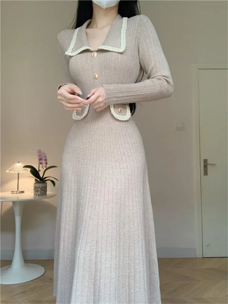 Vestidos de punto de otoño e invierno para mujer, cuello vuelto, moda coreana, corte en A, vestido liso informal, vestidos ajustados para mujer, nuevo
