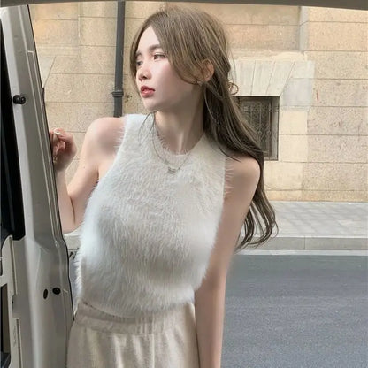 Sexy Faux Fur Crop Tops Women Vintage Y2k Clothes Knitted Tank Top Sleeveless Club Party Outfits Korean Fashion New