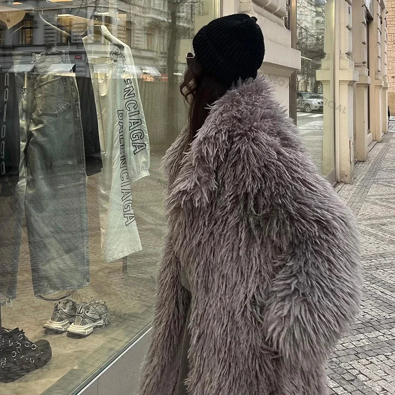 Abrigo de piel de cordero extra largo de lujo para mujer, abrigo de invierno estilo Mob Wife, chaqueta de piel sintética gruesa de gran tamaño