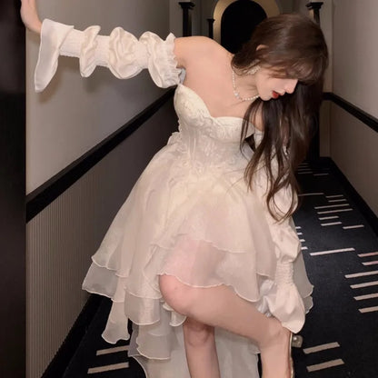 Elegantes vestidos de fiesta de noche para mujer, con mangas abullonadas, hombros descubiertos, con cordones, para boda, graduación, vestido de baile, corte A, Y2K, vestidos midi nuevos