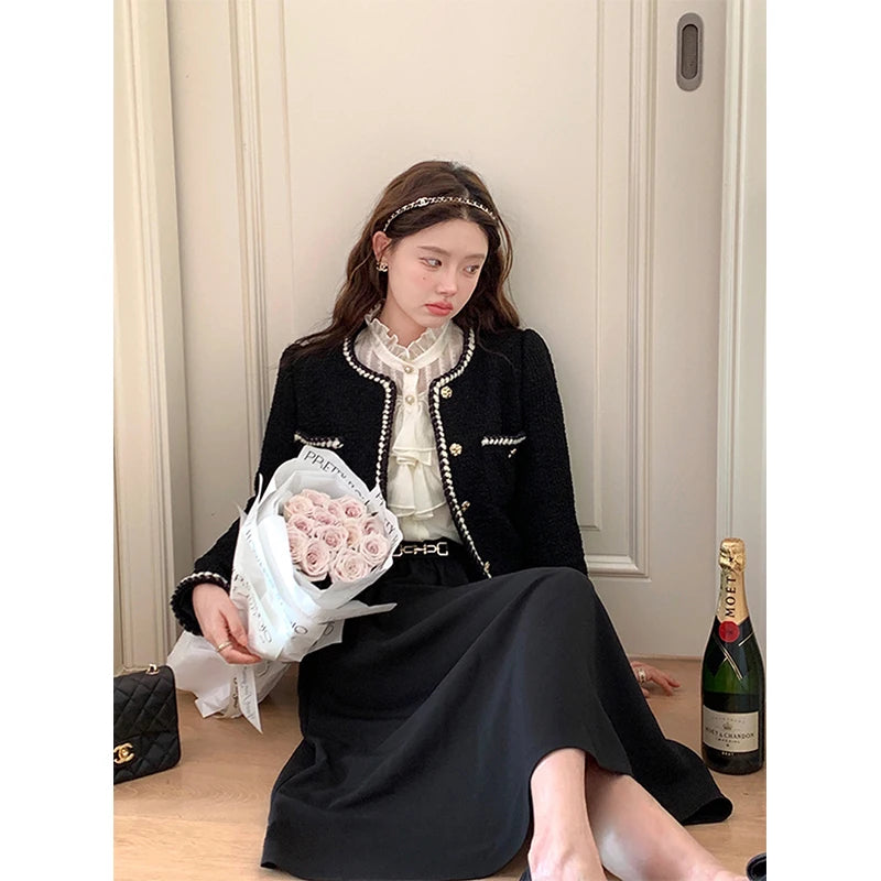 Vintage Cropped Tweed Jackets Women Elegant Black Thicken Coat Korean Single Breasted Blazer Casual Warm Short Outerwear Tops