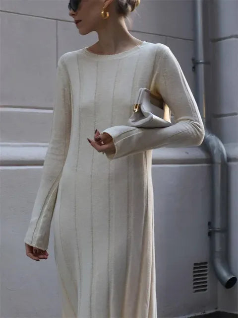 Fashion Loose High Waist Long Dress Female Long Sleeve Solid Pullover Dress Streetwear Knitwear Winter Women Maxi Dress