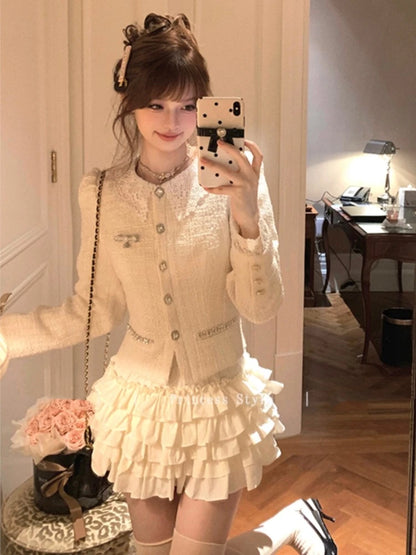 French Vintage 2-piece Set Tweed Lace Patchwork Single Breasted Coat Ruffles Cake Mini Skirt Korean Fashion Autumn Outfits New