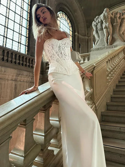 Conjunto de dos piezas de vestido de encaje para mujer, estilo retro, sin tirantes, con parte superior de espinas de pescado, falda ajustada lisa, elegante conjunto de vestido de fiesta para mujer