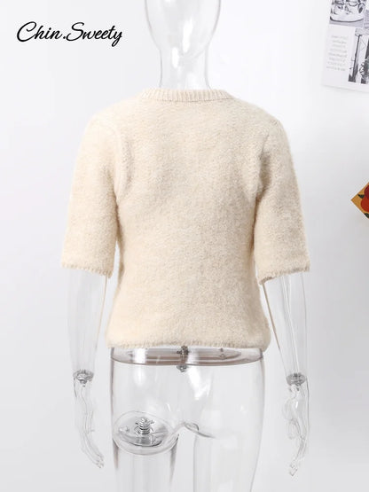 Mohair Knitted Short Sleeve Cardigan Women Lace Bow Single Breasted O-neck Slim Sweater  Autumn Winter Fashion Lady Knitwear