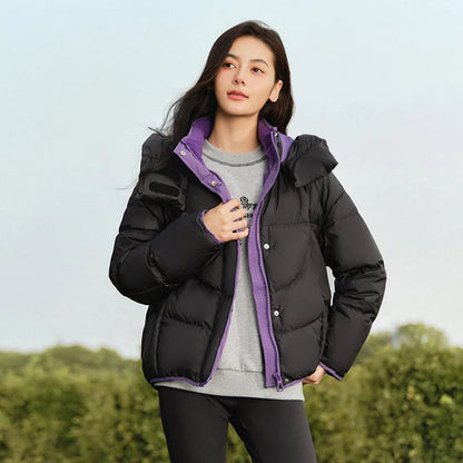 Chaqueta de plumas para mujer, suelta, con colores contrastantes, nueva chaqueta acolchada con capucha de invierno, personalidad moderna y de moda.