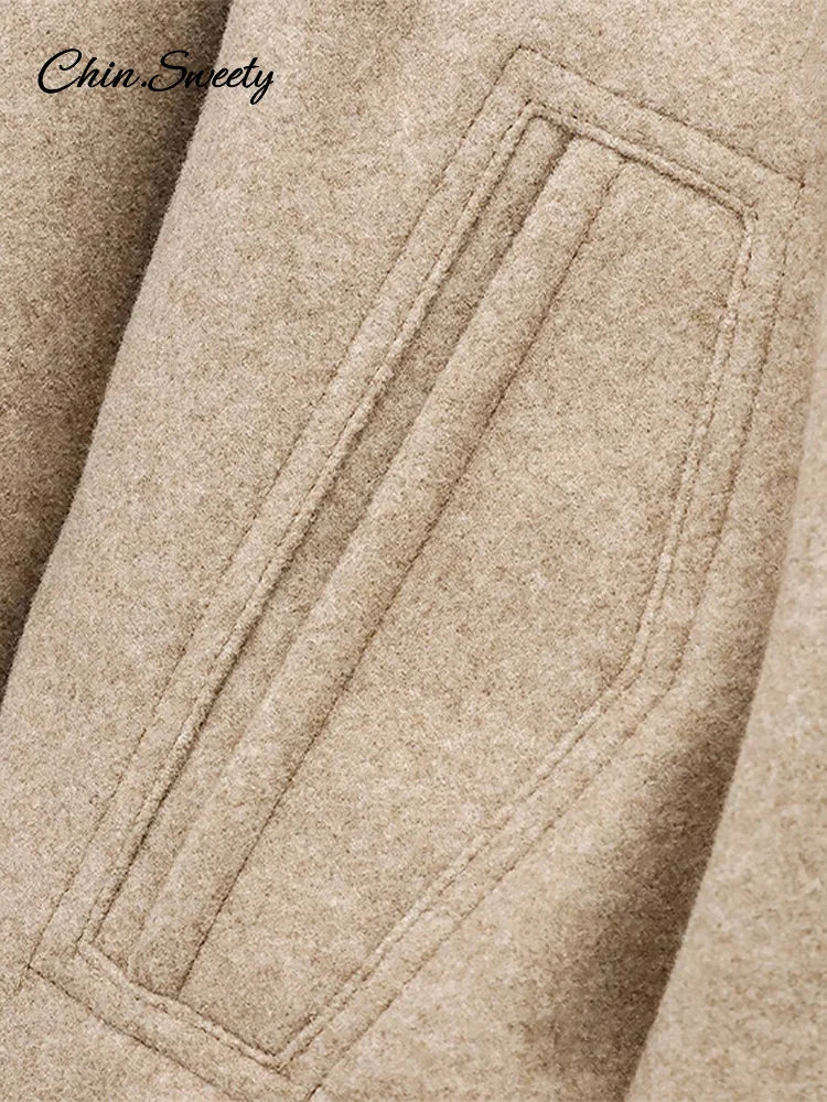 Vintage Women’s Khaki Bomber Jacket Stand Collar Zipper Pocket Long Sleeve Short Coats Female 2025 Spring Thick Warm Outwear New