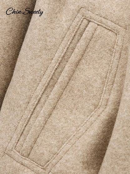 Vintage Women’s Khaki Bomber Jacket Stand Collar Zipper Pocket Long Sleeve Short Coats Female 2025 Spring Thick Warm Outwear New